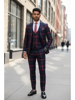 Costum barbati slim fit bleumarin in carouri B7921 92-4 