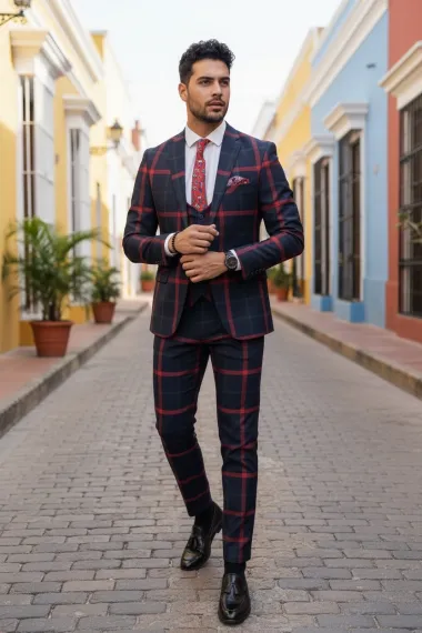 Costum barbati slim fit bleumarin in carouri B7921 92-4 