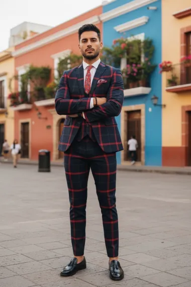 Costum barbati slim fit bleumarin in carouri B7921 92-4 