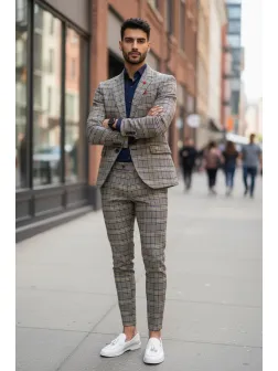 Costum barbati slim fit in carouri sacou + pantaloni 10268 D4-3.1