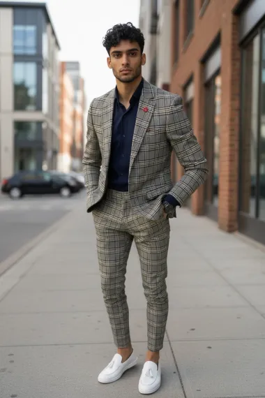 Costum barbati slim fit in carouri sacou + pantaloni 10268 D4-3.1