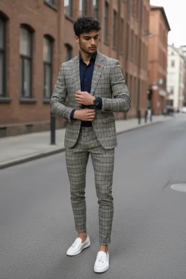 Costum barbati slim fit in carouri sacou + pantaloni 10268 D4-3.1