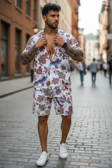 Compleu de vara camasa imprimeu + pantaloni 12748 19-4.3