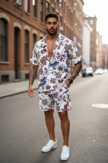 Compleu de vara camasa imprimeu + pantaloni 12748 19-4.3
