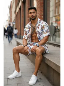 Compleu de vara camasa imprimeu + pantaloni 12748 19-4.3