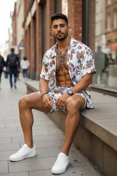 Compleu de vara camasa imprimeu + pantaloni 12748 19-4.3