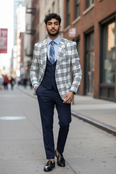 Sacou barbati slim fit alb in carouri 715 35-5.2