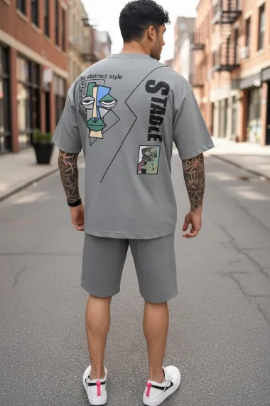 Compleu de vara tricou + pantaloni gri, imprimeu pe spate, 031