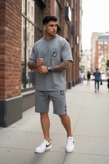 Compleu de vara tricou + pantaloni gri, imprimeu pe spate, 031