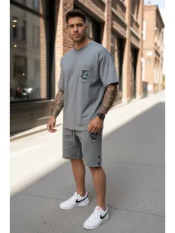 Compleu de vara tricou + pantaloni gri, imprimeu pe spate, 031