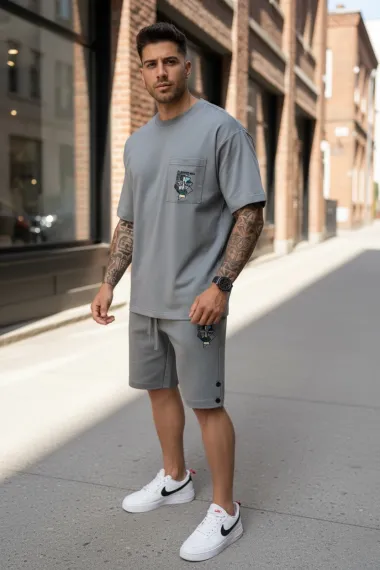 Compleu de vara tricou + pantaloni gri, imprimeu pe spate, 031