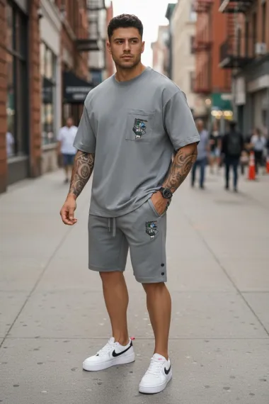 Compleu de vara tricou + pantaloni gri, imprimeu pe spate, 031