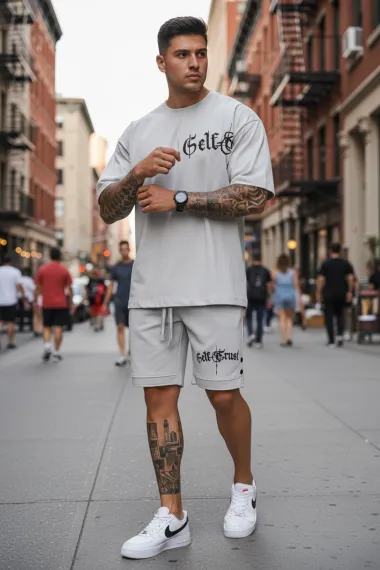 Compleu de vara tricou + pantaloni gri, imprimeu pe spate 010