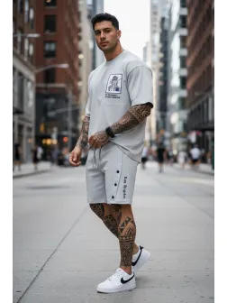 Compleu de vara tricou + pantaloni gri, imprimeu pe spate 029