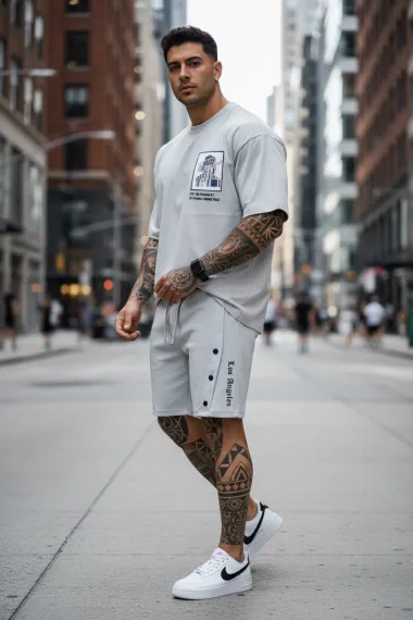 Compleu de vara tricou + pantaloni gri, imprimeu pe spate 029