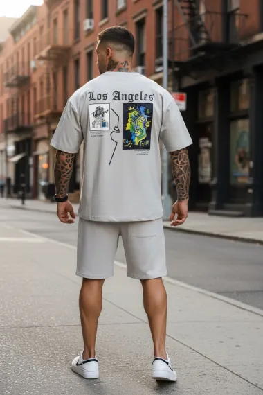 Compleu de vara tricou + pantaloni gri, imprimeu pe spate 029