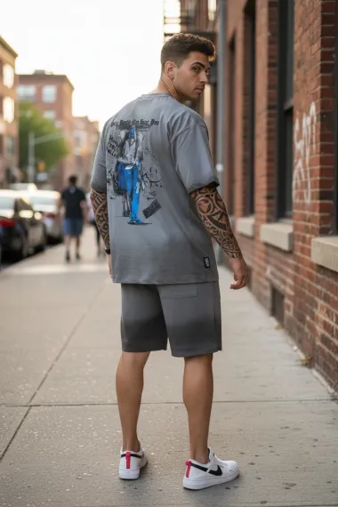 Compleu de vara tricou + pantaloni gri, imprimeu pe spate 033