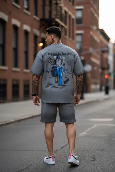 Compleu de vara tricou + pantaloni gri, imprimeu pe spate 033