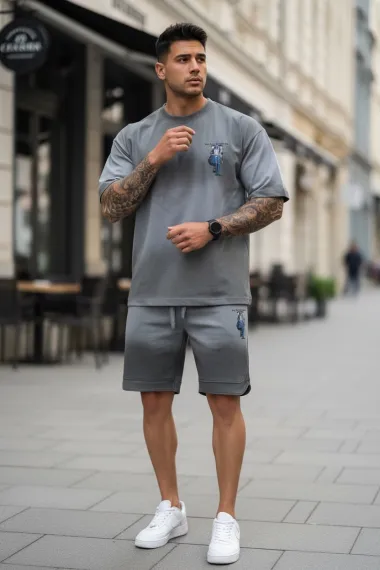 Compleu de vara tricou + pantaloni gri, imprimeu pe spate 033