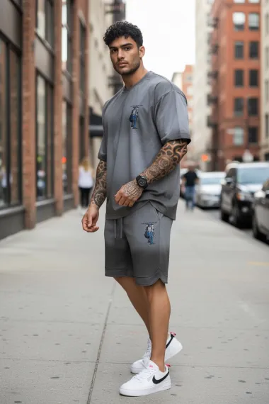 Compleu de vara tricou + pantaloni gri, imprimeu pe spate 033