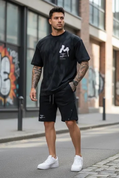 Compleu de vara tricou + pantaloni negru, imprimeu pe spate 012