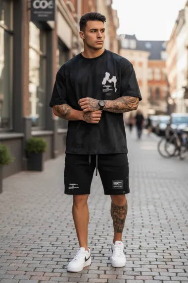 Compleu de vara tricou + pantaloni negru, imprimeu pe spate 012