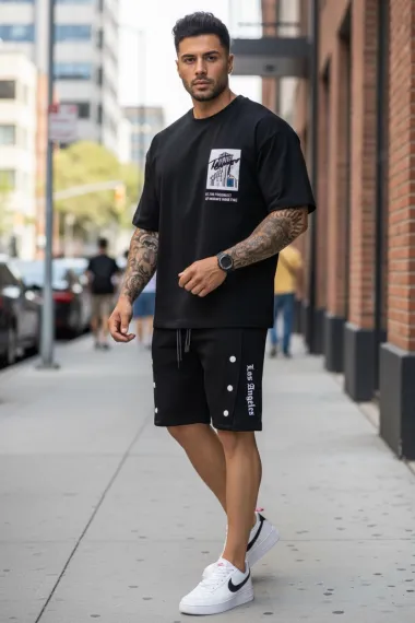 Compleu de vara tricou + pantaloni negru, imprimeu pe spate 029