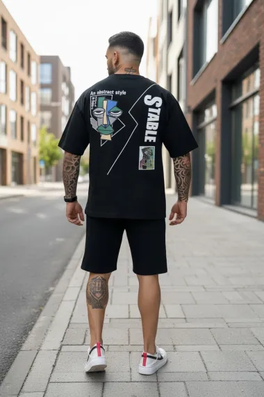 Compleu de vara tricou + pantaloni negru, imprimeu pe spate, 031