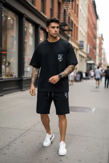 Compleu de vara tricou + pantaloni negru, imprimeu pe spate, 031