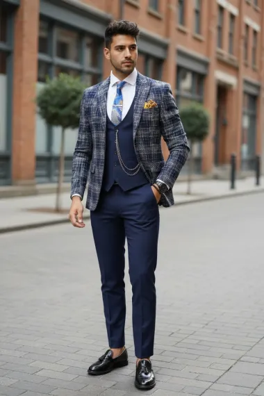 Sacou barbati in carouri slim fit bleumarin B5303 13-1