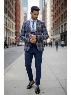 Sacou barbati in carouri slim fit bleumarin B5303 13-1