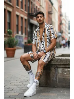 Compleu de vara camasa cu imprimeu + pantaloni maro 13275 k5-2