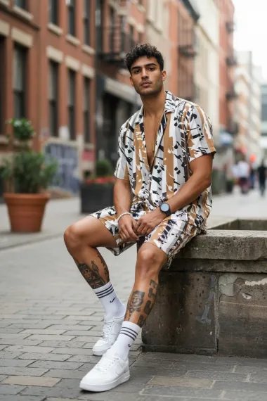 Compleu de vara camasa cu imprimeu + pantaloni maro 13275 k5-2