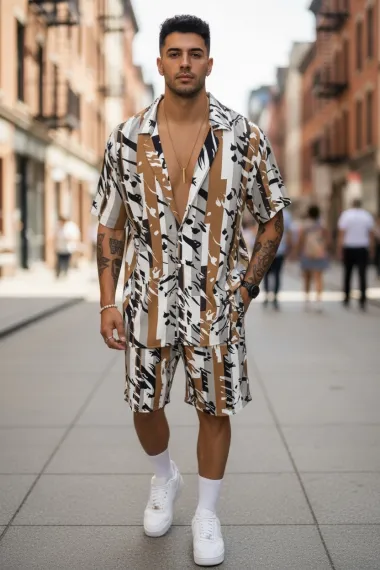 Compleu de vara camasa cu imprimeu + pantaloni maro 13275 k5-2