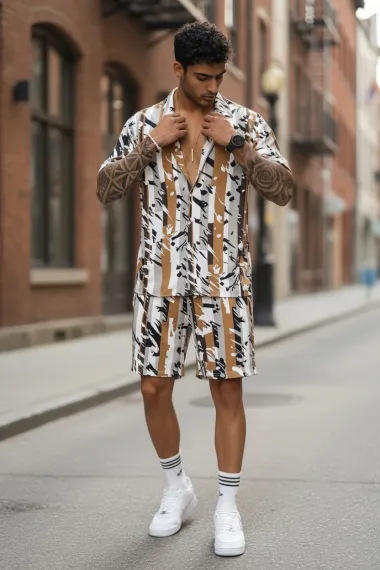 Compleu de vara camasa cu imprimeu + pantaloni maro 13275 k5-2