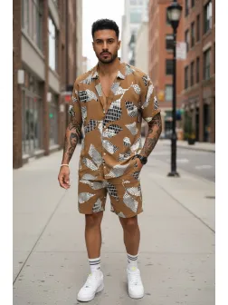 Compleu de vara camasa cu imprimeu + pantaloni maro 13277 K6