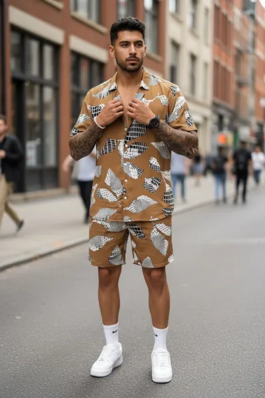 Compleu de vara camasa cu imprimeu + pantaloni maro 13277 K6