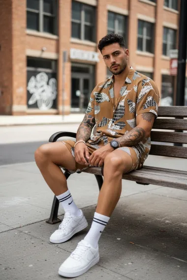 Compleu de vara camasa cu imprimeu + pantaloni maro 13277 K6