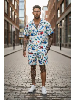 Compleu de vara cu imprimeu camasa + pantaloni 1451