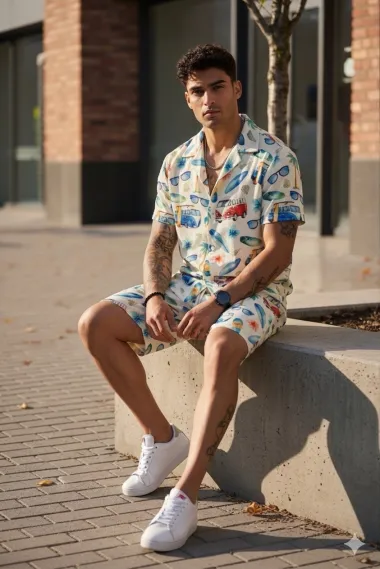 Compleu de vara cu imprimeu camasa + pantaloni 1451