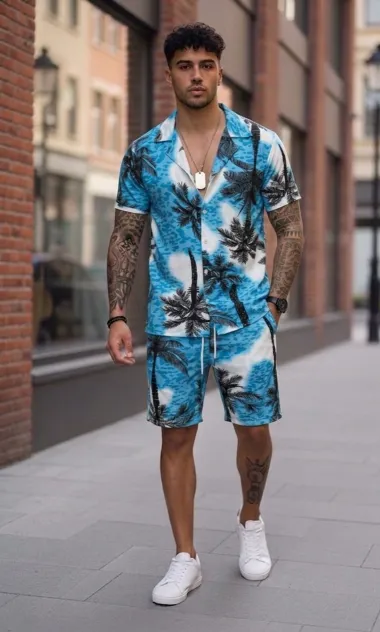 Compleu de vara cu imprimeu camasa + pantaloni 1453