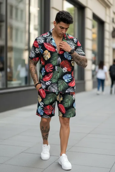 Compleu de vara cu imprimeu camasa + pantaloni 975