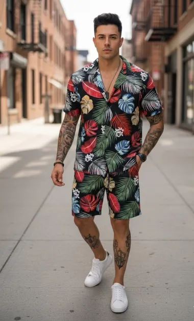 Compleu de vara cu imprimeu camasa + pantaloni 975