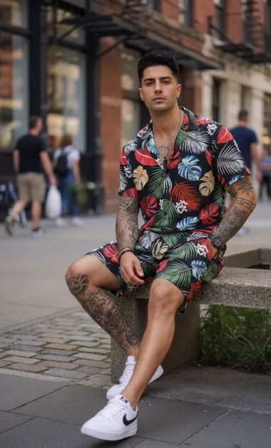 Compleu de vara cu imprimeu camasa + pantaloni 975