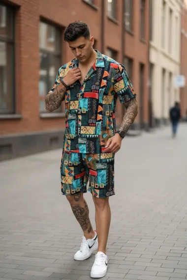 Compleu de vara cu imprimeu camasa + pantaloni 978