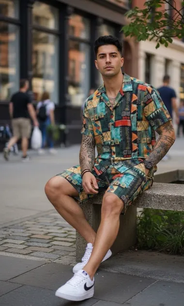 Compleu de vara cu imprimeu camasa + pantaloni 978