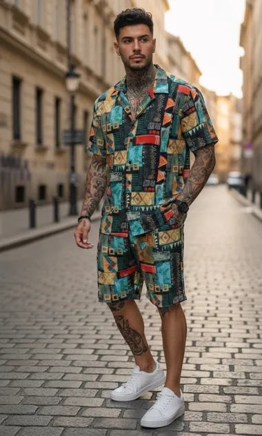 Compleu de vara cu imprimeu camasa + pantaloni 978