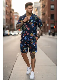 Compleu de vara cu imprimeu camasa + pantaloni 980