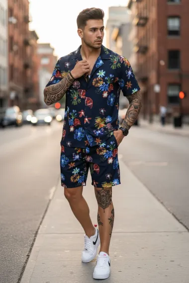 Compleu de vara cu imprimeu camasa + pantaloni 980