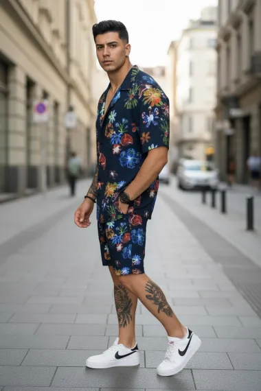 Compleu de vara cu imprimeu camasa + pantaloni 980